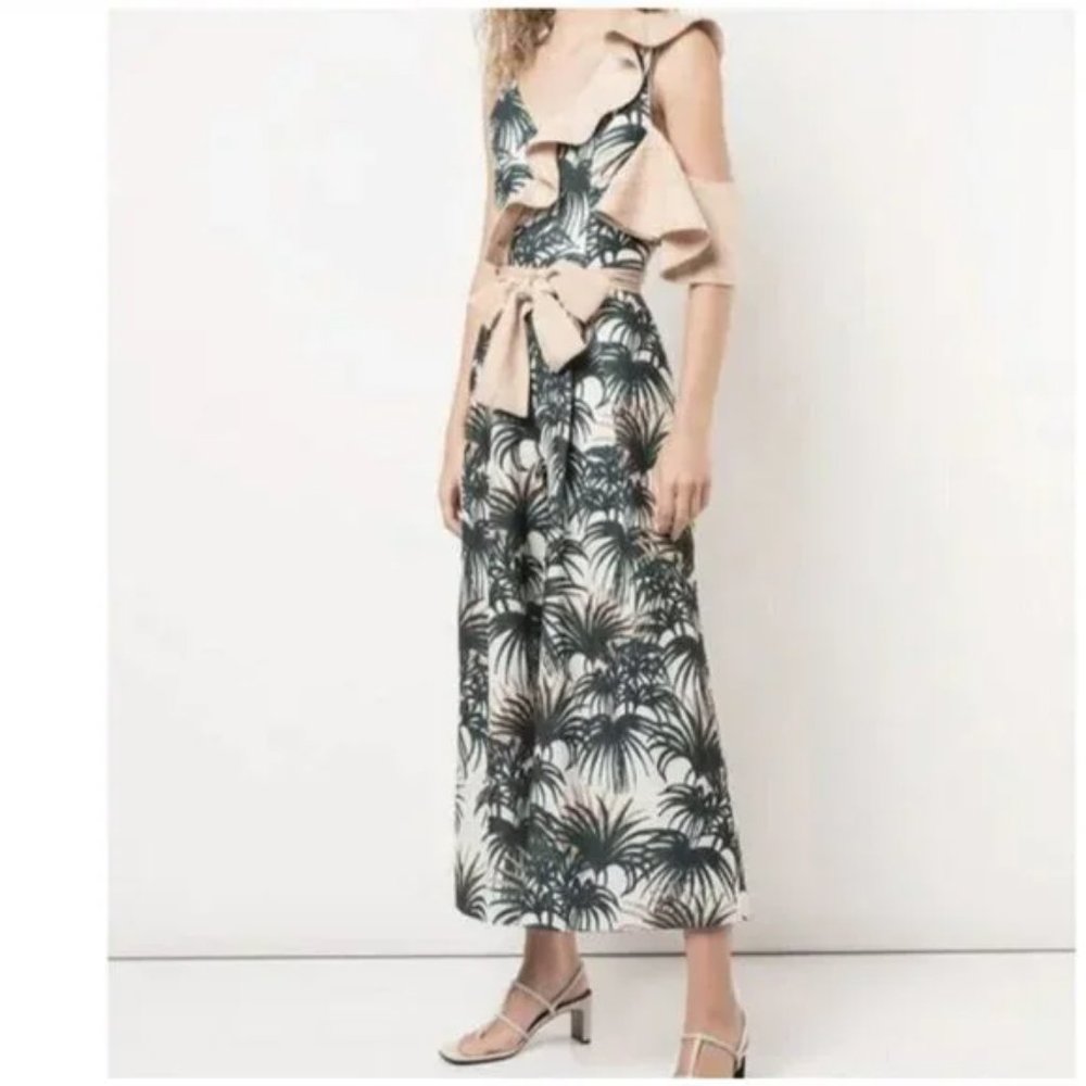 PatBo Plunge Neckline Green Tropical Palm‎ Print One Shoulder Jumpsuit SZ 8 NWT
